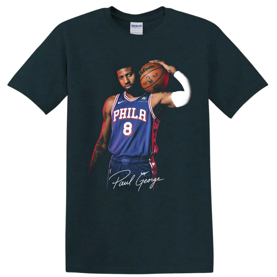 Paul George Philadelphia 76ers basketball portrait with blue number 8 uniform on a Midnight (Green) T Shirt
