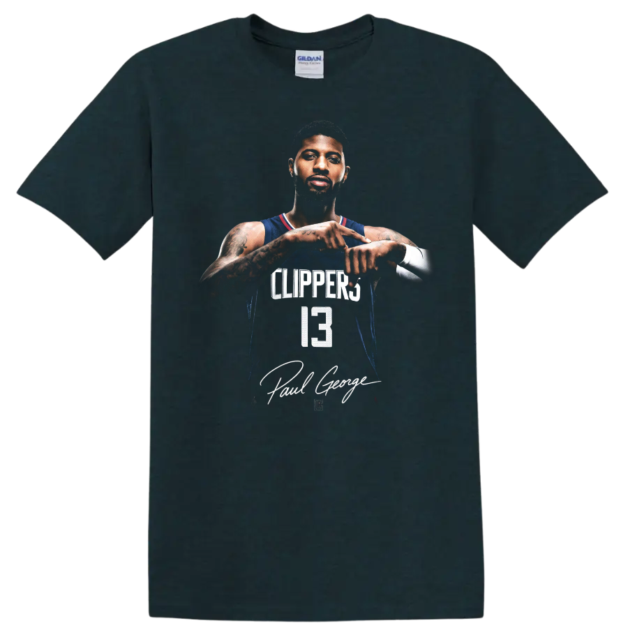 Paul George Los Angeles Clippers number 13 player portrait with signature-style text on a Midnight (Green) T Shirt