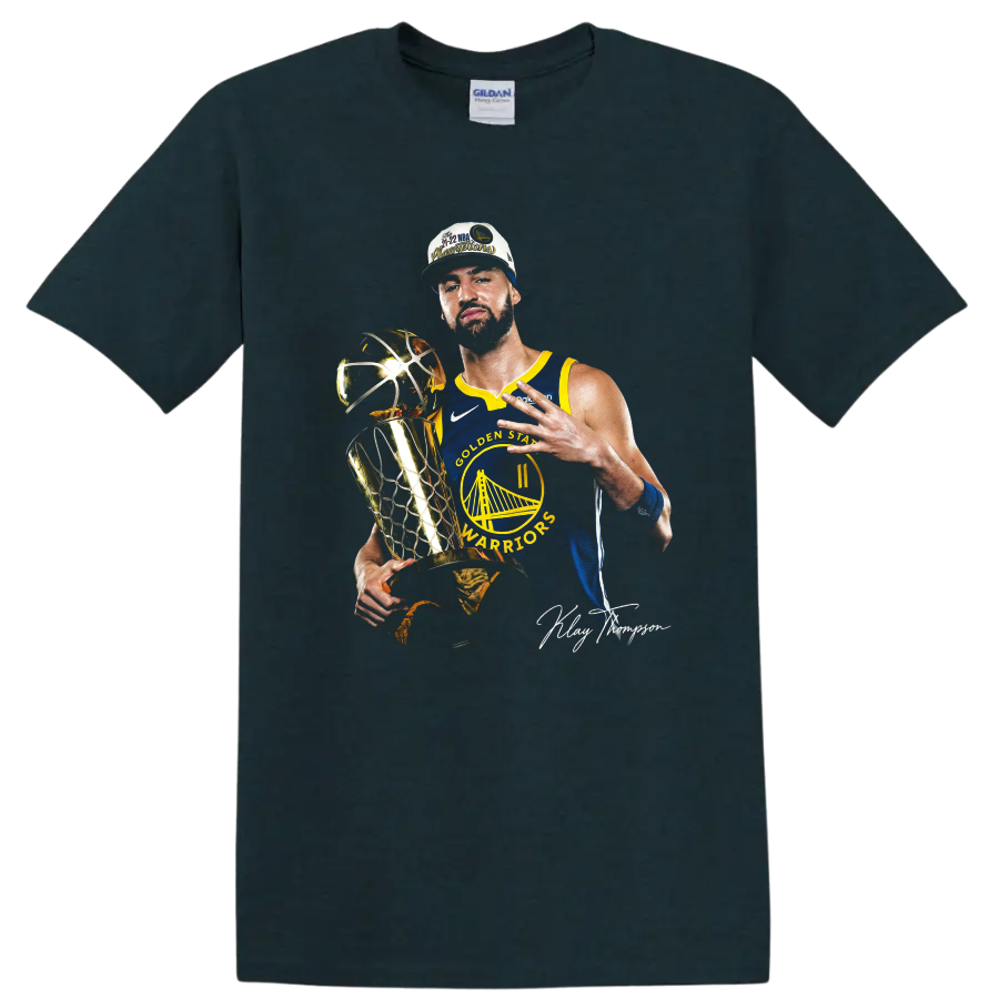 Andrew Wiggins Warriors championship trophy portrait with blue-and-gold uniform on a Midnight (Green) T Shirt