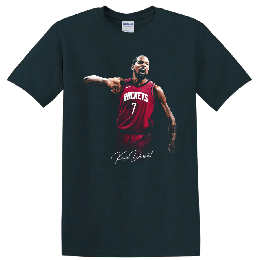 Kevin Durant Houston Rockets number 7 basketball portrait with signature script on a Midnight (Green) T Shirt