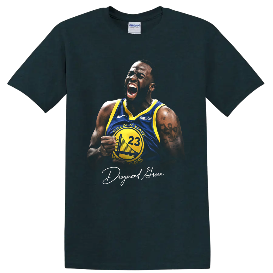Draymond Green roaring in a blue and yellow Golden State Warriors number 23 jersey on a Midnight (Green) T Shirt