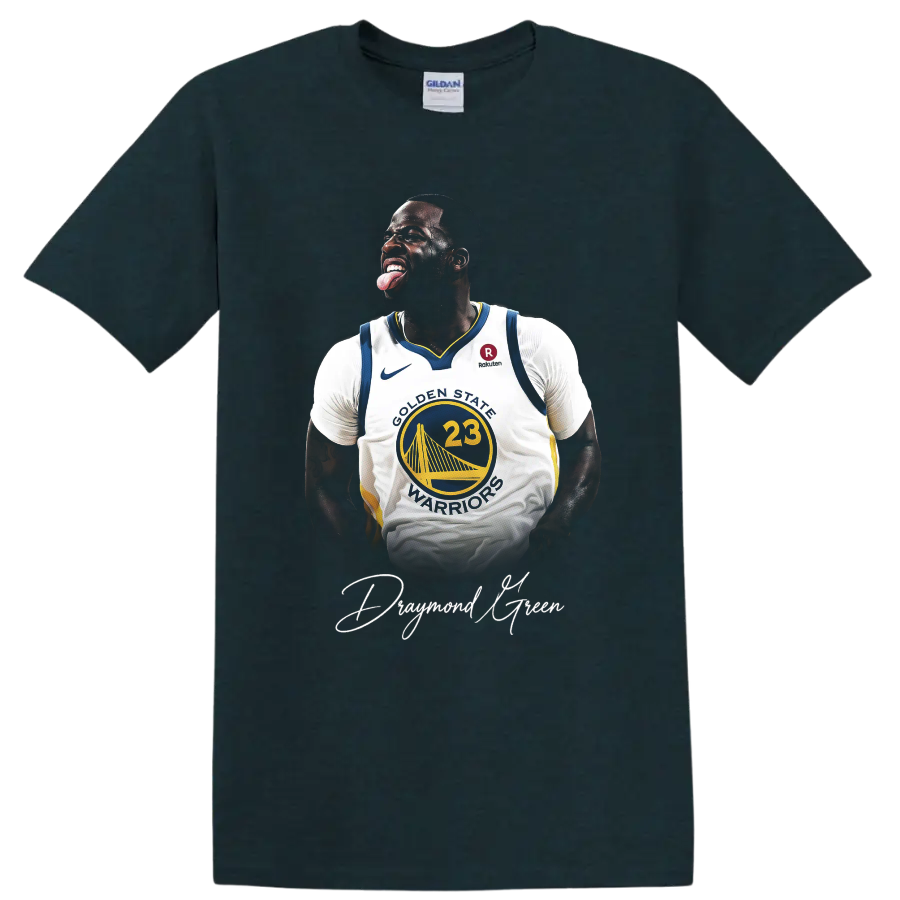 Draymond Green Golden State Warriors basketball portrait with white script signature on a Midnight (Green) T Shirt
