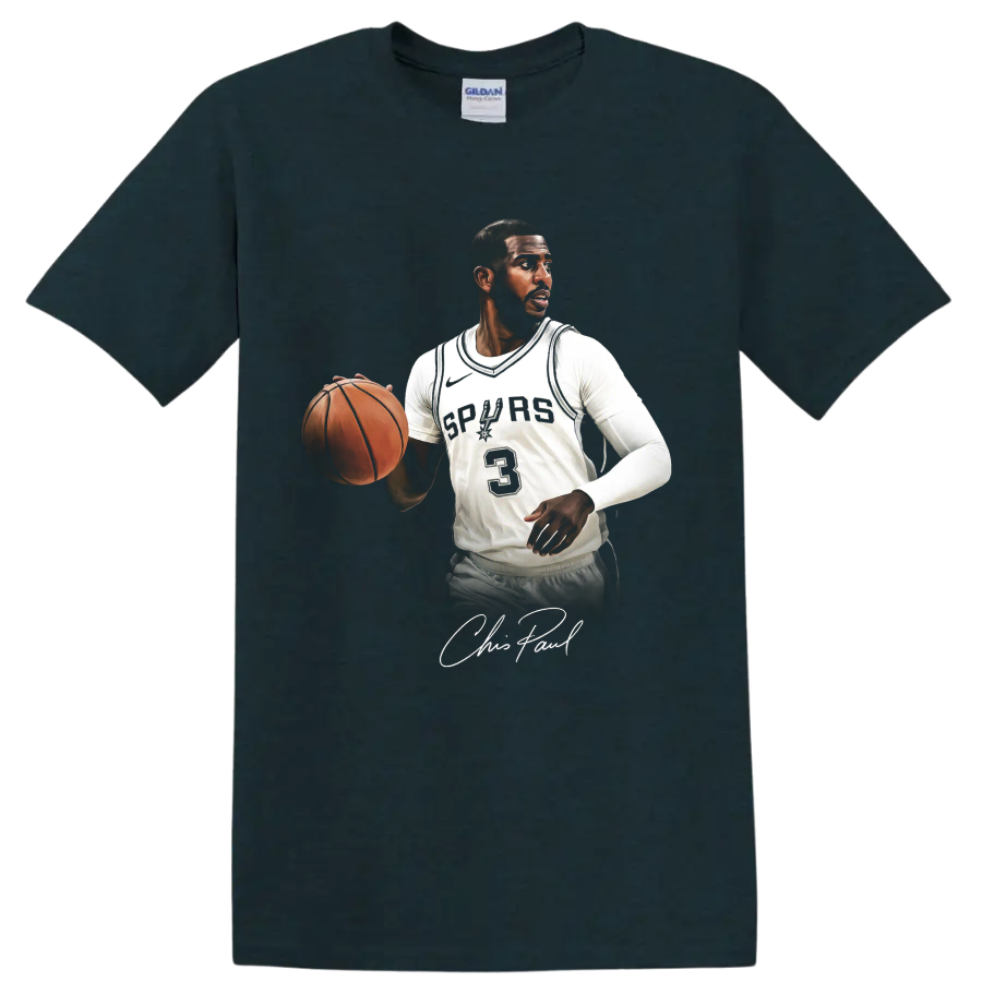 Chris Paul Spurs basketball action portrait with ball, number 3 jersey, and signature on a Midnight (Green) T Shirt