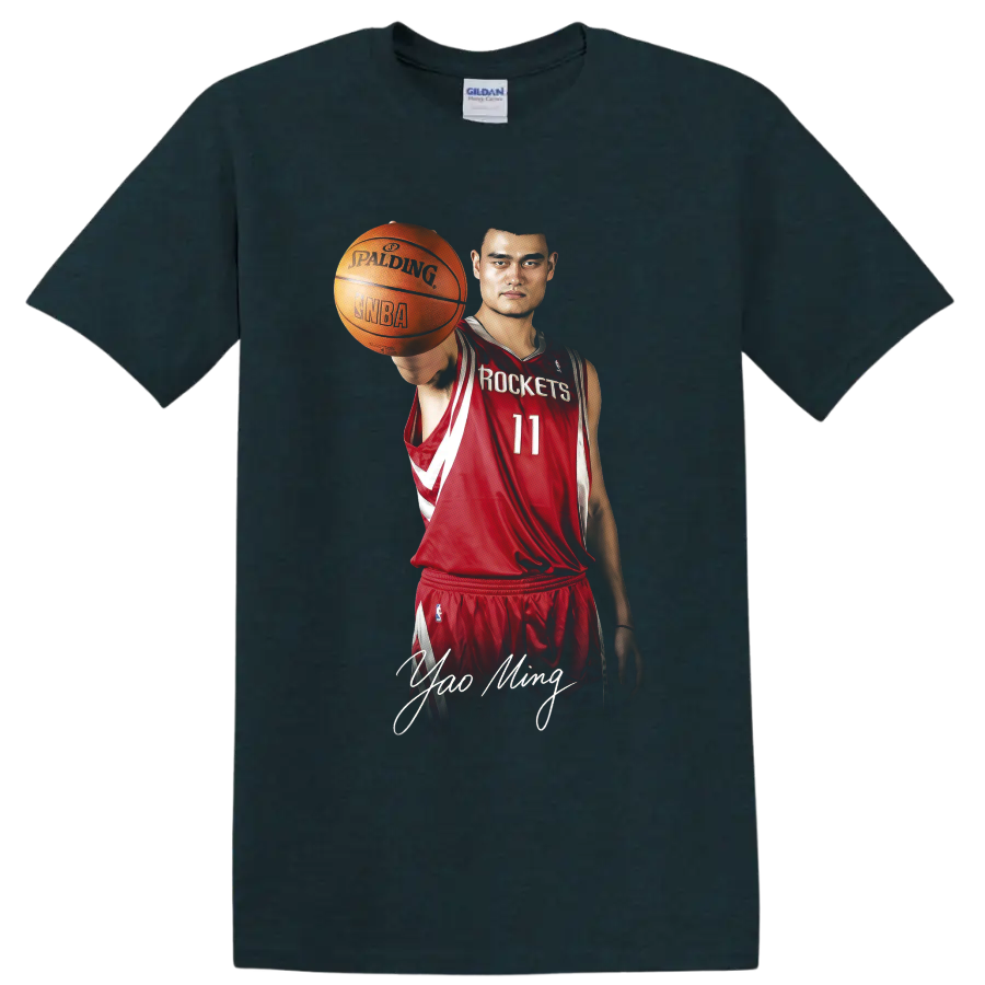 Yao Ming in Houston Rockets number 11 uniform holding basketball with signature on a Midnight (Green) T Shirt