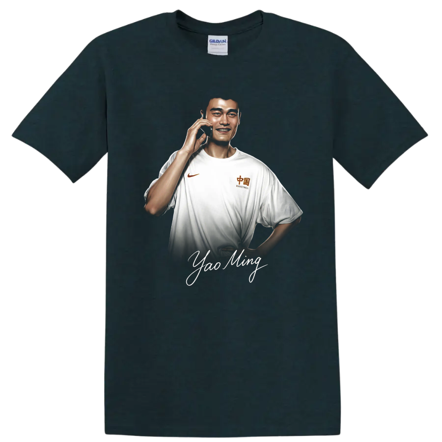 Yao Ming basketball portrait with signature-style lettering on a Midnight (Green) T Shirt