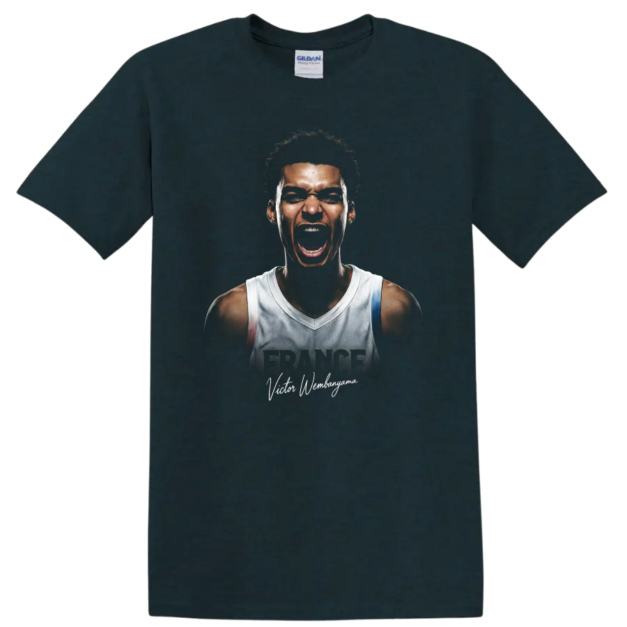 Victor Wembanyama intense basketball portrait with FRANCE text and signature lettering on a Midnight (Green) T Shirt