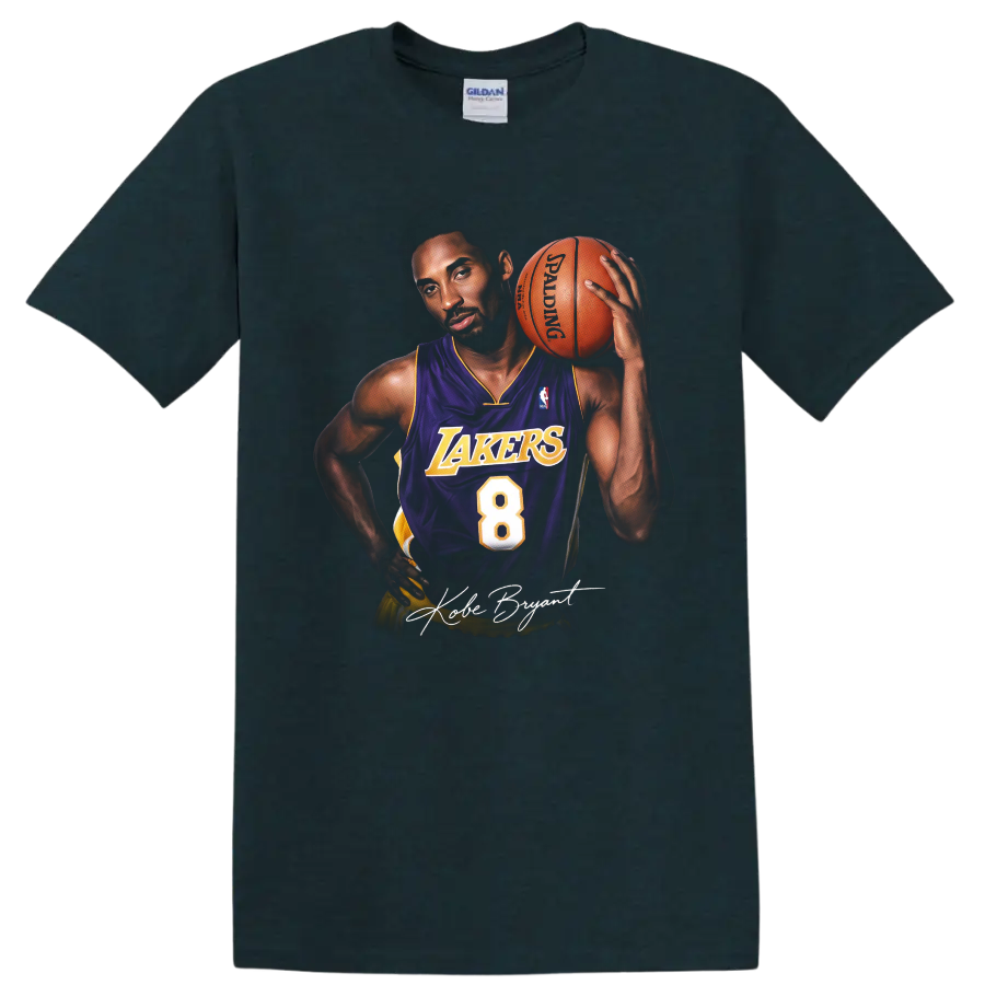 Kobe Bryant in Los Angeles Lakers number 8 jersey holding basketball, signature-style art on a Midnight (Green) T Shirt