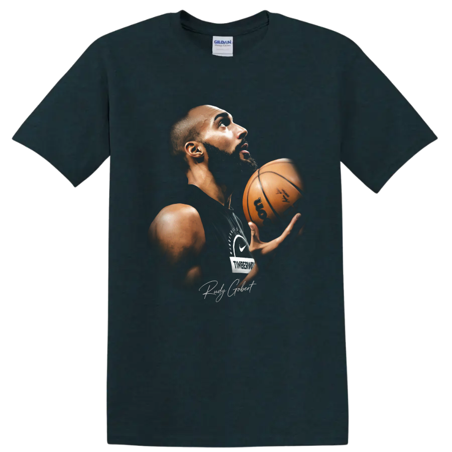 Anthony Edwards holding basketball in dramatic Minnesota Timberwolves portrait artwork on a Midnight (Green) T Shirt