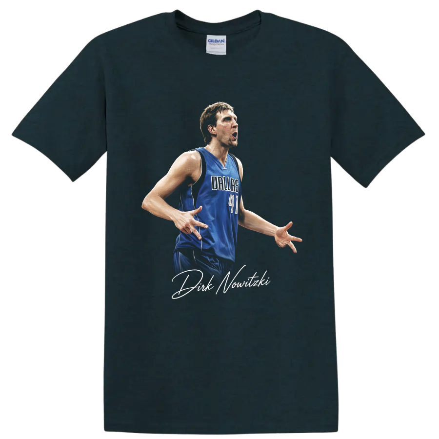 Dirk Nowitzki Dallas Mavericks number 41 player portrait with signature script on a Midnight (Green) T Shirt