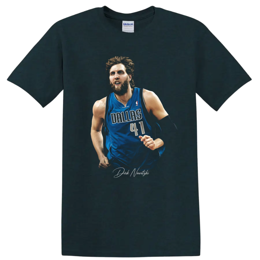 Dirk Nowitzki in Dallas Mavericks number 41 jersey with signature-style graphic on a Midnight (Green) T Shirt