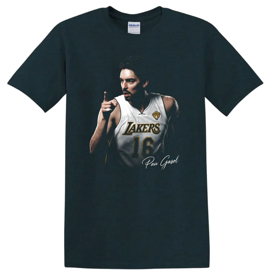Pau Gasol Los Angeles Lakers number 16 basketball portrait with signature on a Midnight (Green) T Shirt