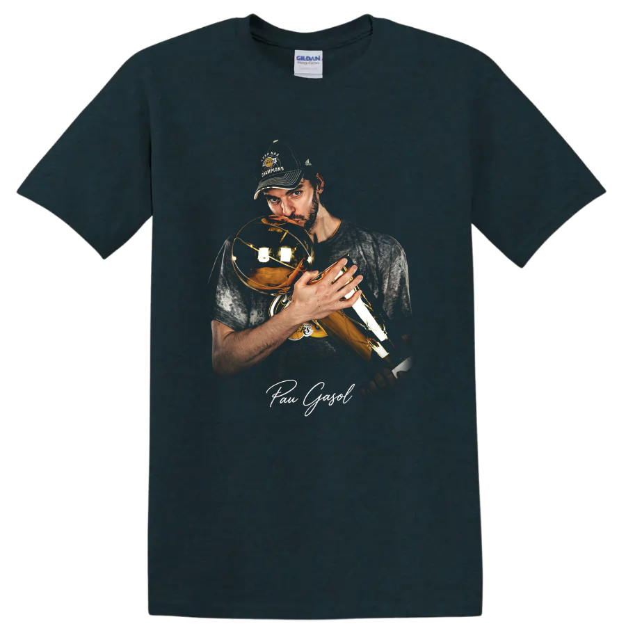 Pau Gasol holding a championship trophy in dramatic Lakers portrait artwork on a Midnight (Green) T Shirt