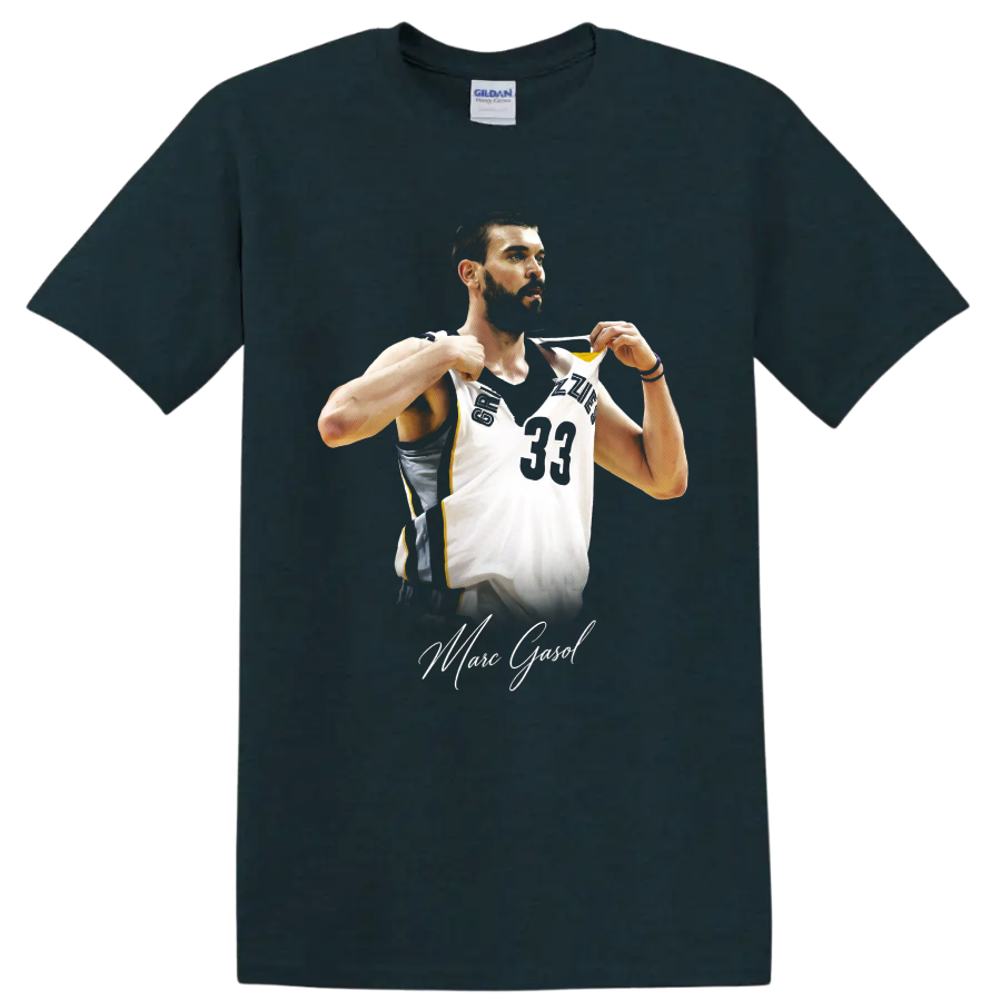 Marc Gasol in Memphis Grizzlies number 33 jersey with signature-style lettering on a Midnight (Green) T Shirt