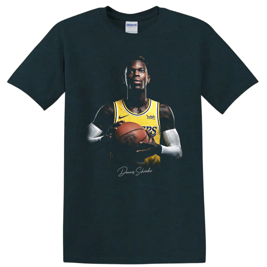 Dennis Schröder Lakers basketball portrait holding a ball with signature-style script on a Midnight (Green) T Shirt