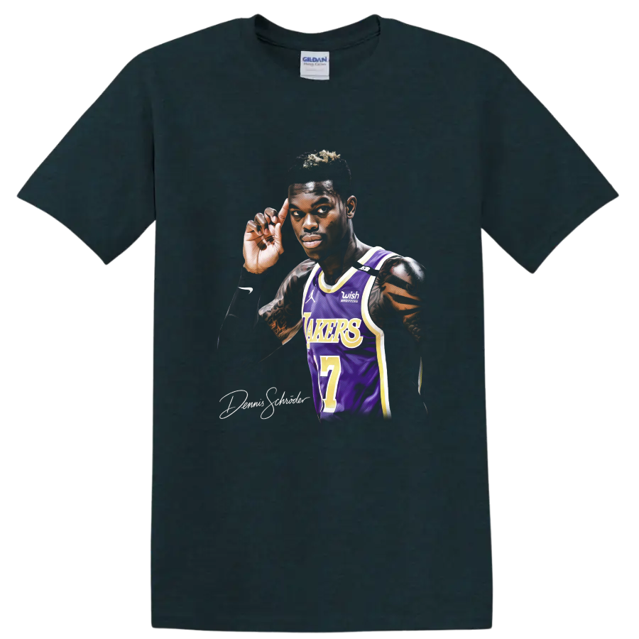 Dennis Schröder Lakers number 17 basketball player portrait in purple and gold jersey on a Midnight (Green) T Shirt