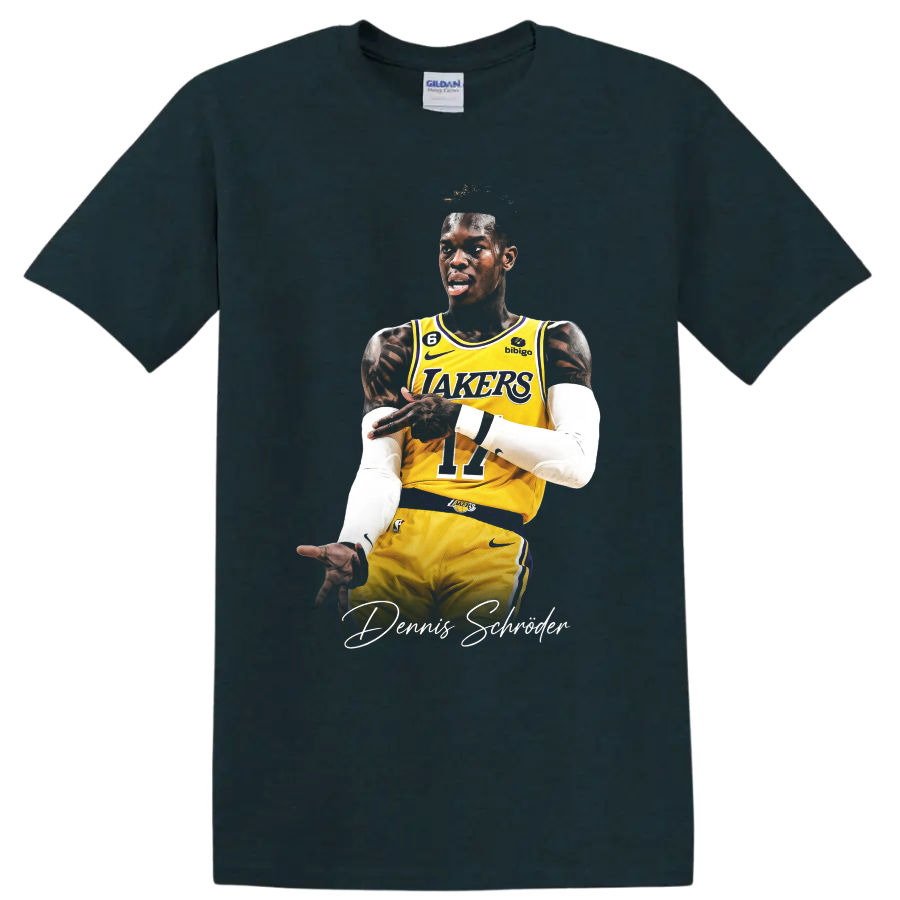 Dennis Schröder Lakers player action portrait with signature-style lettering on a Midnight (Green) T Shirt