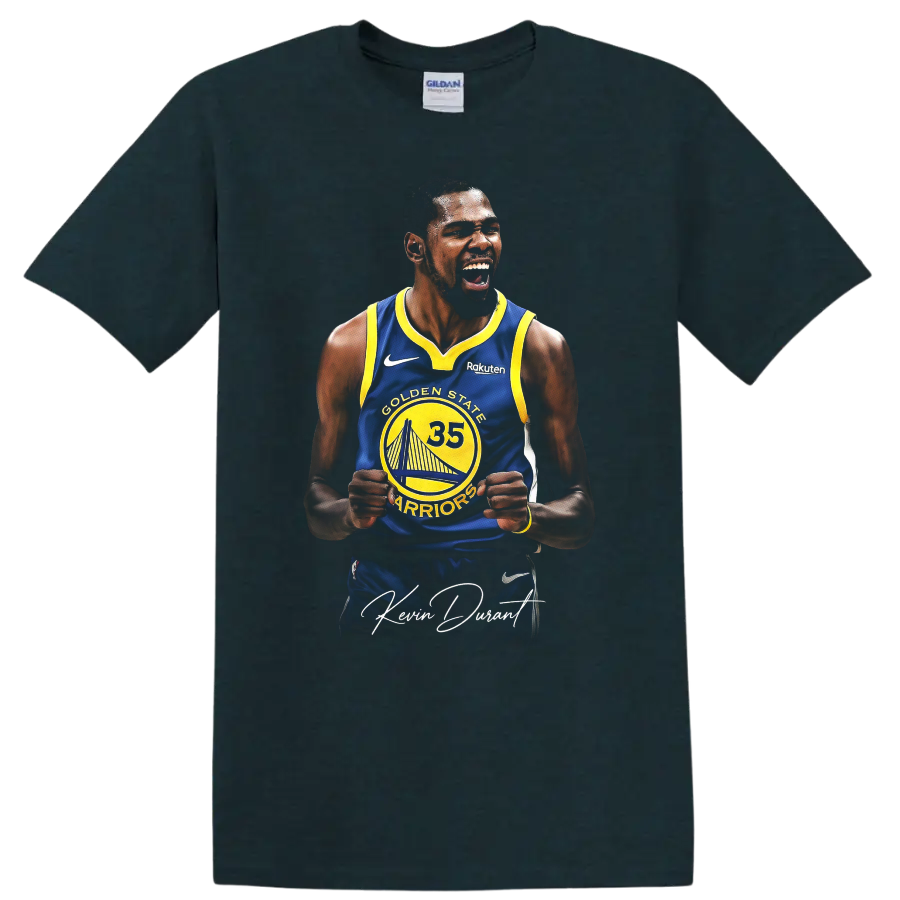 Kevin Durant Golden State Warriors number 35 celebration graphic with signature script on a Midnight (Green) T Shirt