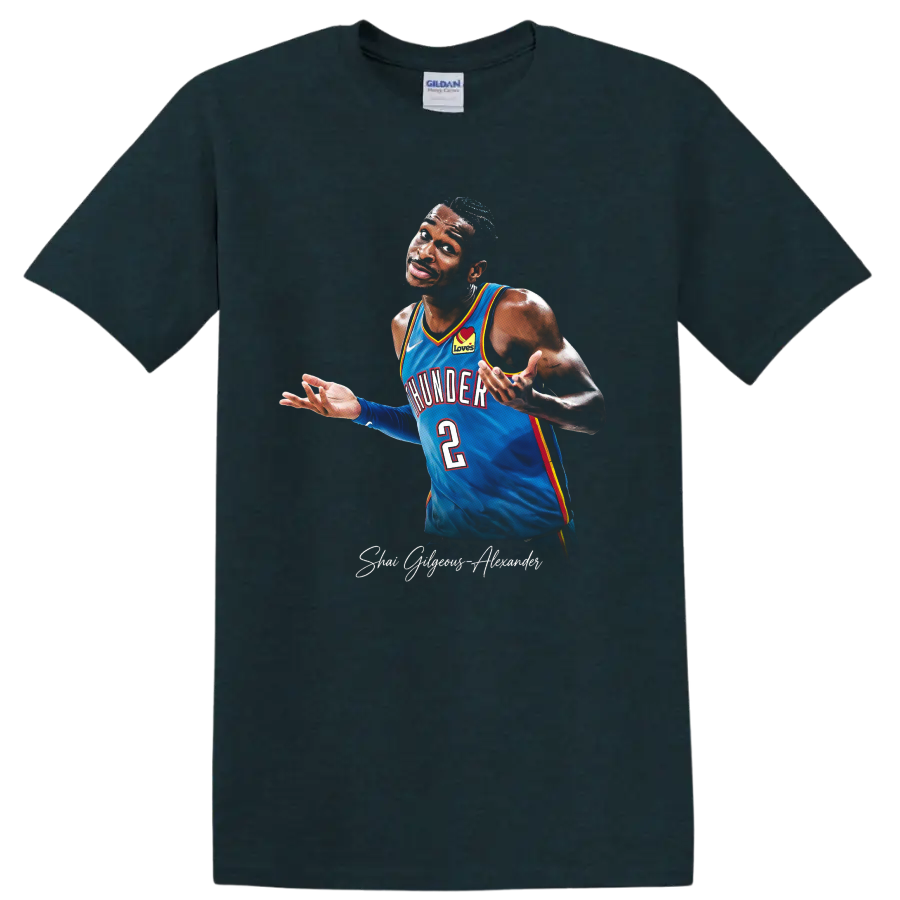 Shai Gilgeous-Alexander Oklahoma City Thunder blue jersey basketball portrait on a Midnight (Green) T Shirt