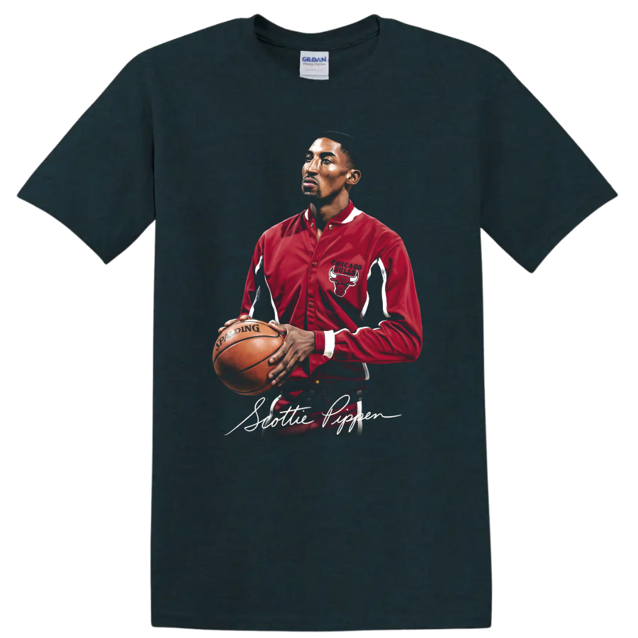 Scottie Pippen Chicago Bulls portrait holding basketball in red jacket with script name on a Midnight (Green) T Shirt