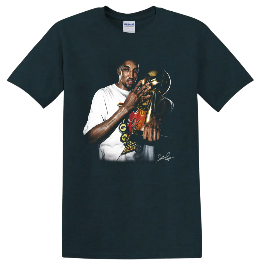 Scottie Pippen holding championship trophy in dramatic Chicago Bulls portrait on a Midnight (Green) T Shirt