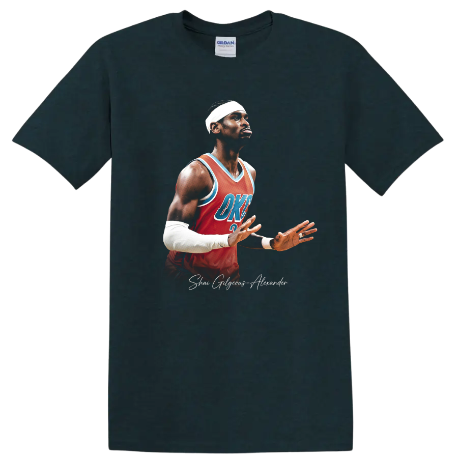 Shai Gilgeous-Alexander basketball portrait in red Thunder jersey with script signature on a Midnight (Green) T Shirt