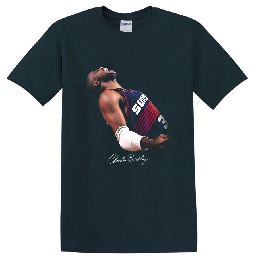 Charles Barkley Phoenix Suns number 34 basketball celebration portrait with signature on a Midnight (Green) T Shirt
