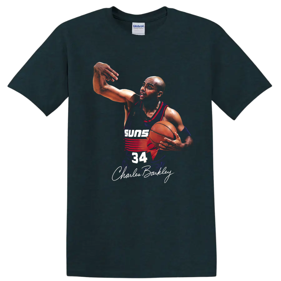 Charles Barkley Phoenix Suns number 34 basketball action illustration with signature on a Midnight (Green) T Shirt