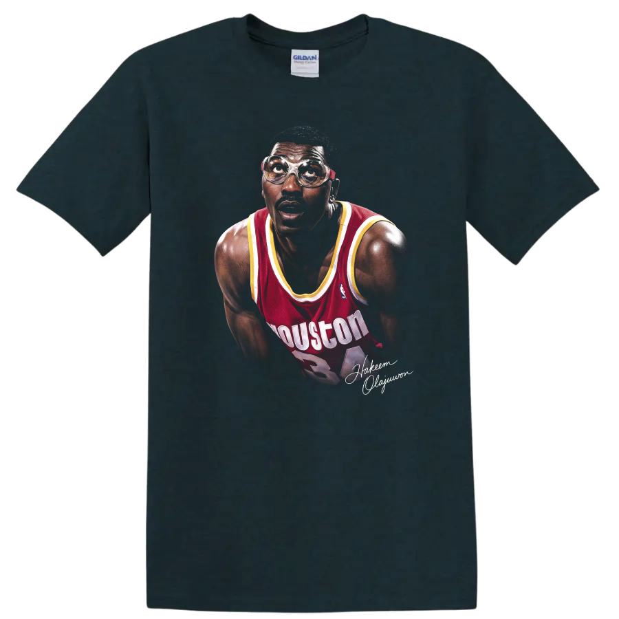 Hakeem Olajuwon Houston Rockets portrait in red jersey and protective goggles on a Midnight (Green) T Shirt