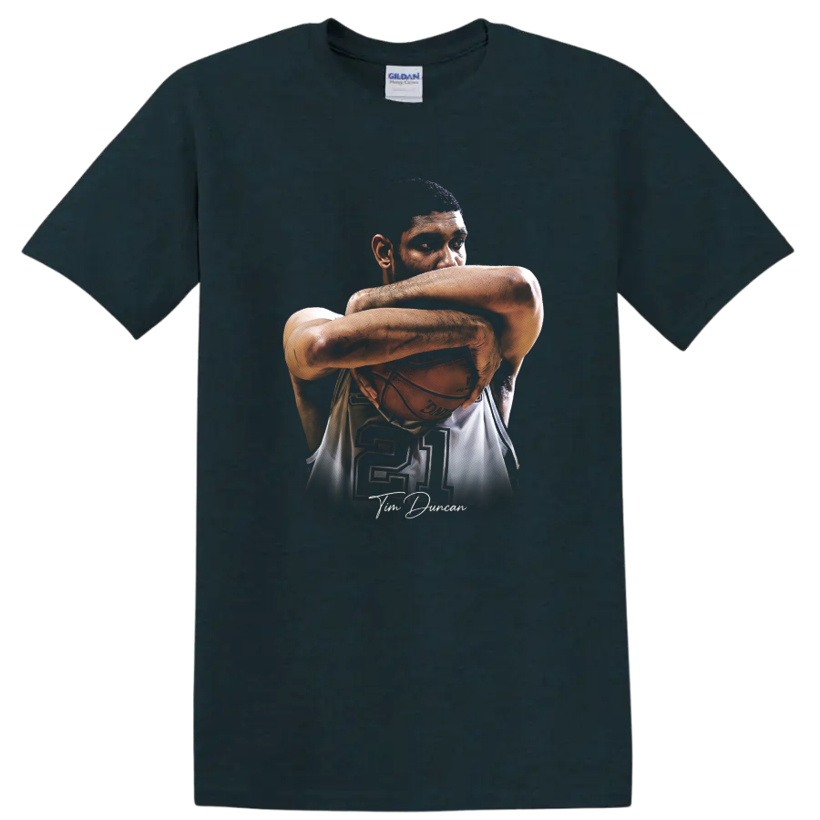 Tim Duncan portrait cradling basketball with number 21 and signature-style script on a Midnight (Green) T Shirt