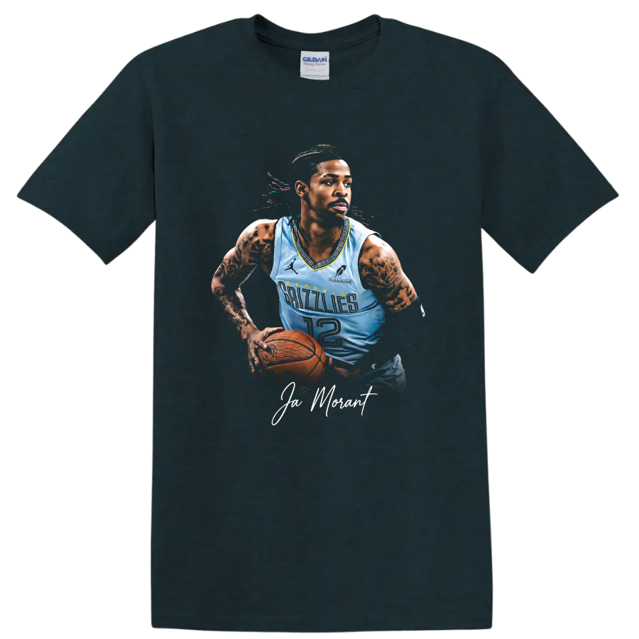 Ja Morant Memphis Grizzlies basketball portrait with number 12 jersey and signature text on a Midnight (Green) T Shirt
