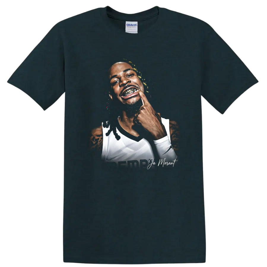 Ja Morant Memphis Grizzlies basketball portrait with gold grill and signature lettering on a Midnight (Green) T Shirt