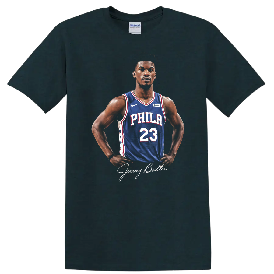 Jimmy Butler portrait in Philadelphia 76ers number 23 jersey with signature on a Midnight (Green) T Shirt