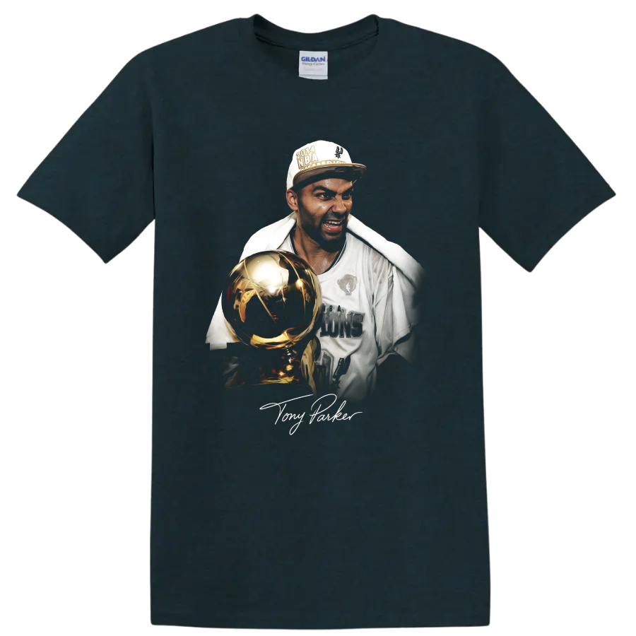 Tony Parker championship trophy portrait with 2014 cap and signature on a Midnight (Green) T Shirt