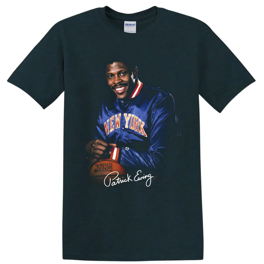 Patrick Ewing New York Knicks vintage portrait with basketball and signature-style text on a Midnight (Green) T Shirt