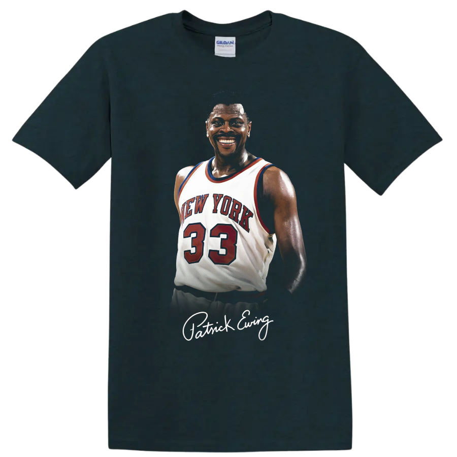 Patrick Ewing New York Knicks number 33 basketball portrait with signature-style name on a Midnight (Green) T Shirt