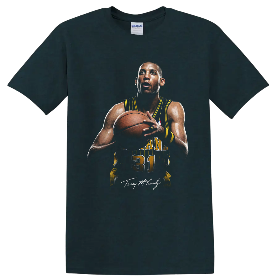 Reggie Miller Indiana Pacers number 31 basketball portrait with signature-style detail on a Midnight (Green) T Shirt
