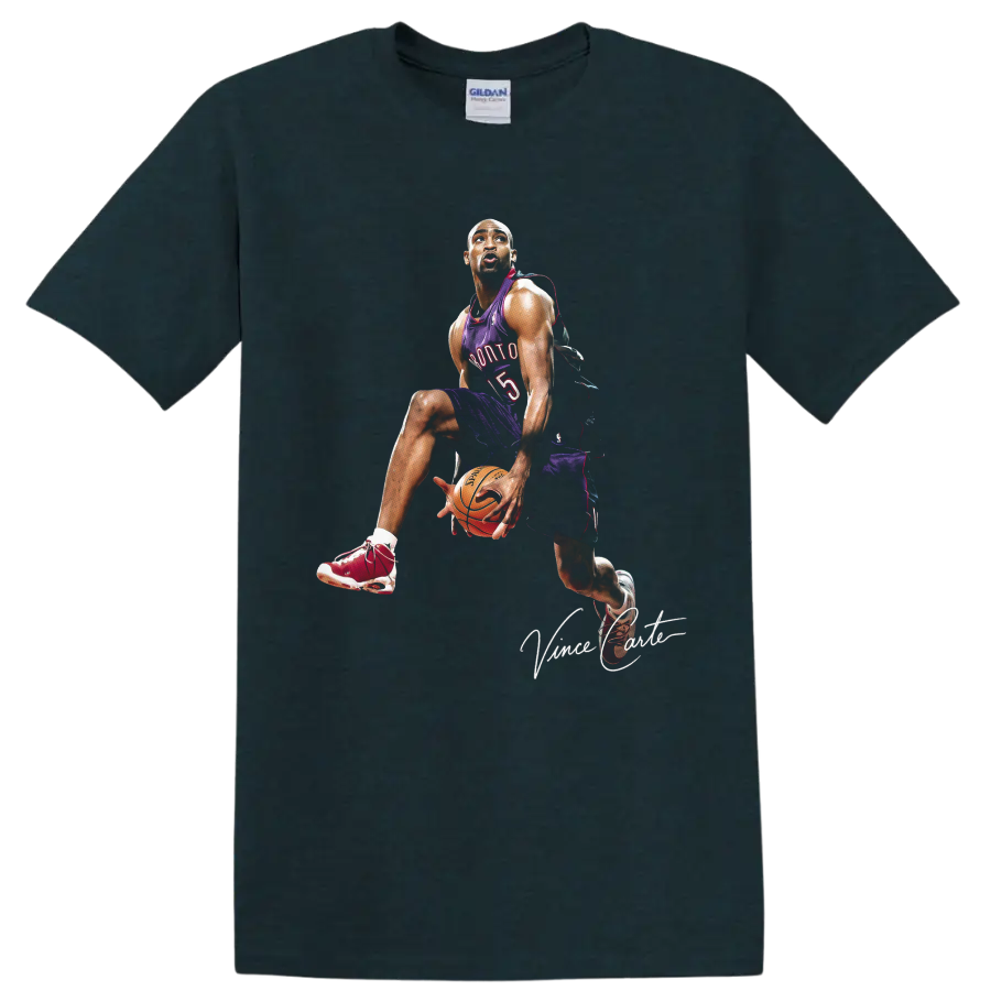 Vince Carter in Toronto Raptors number 15 uniform with basketball and signature graphic on a Midnight (Green) T Shirt