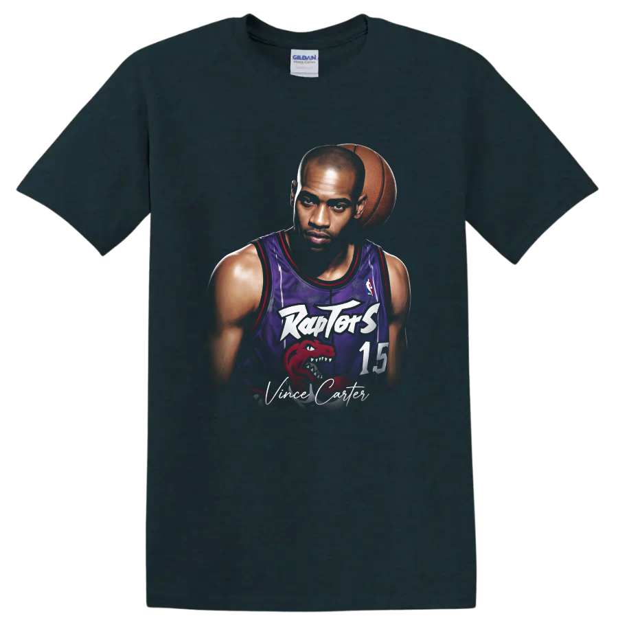 Vince Carter Toronto Raptors basketball portrait with number 15 jersey and signature text on a Midnight (Green) T Shirt