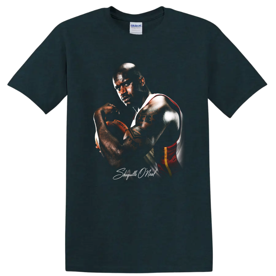 Shaquille O'Neal Miami Heat basketball portrait with a ball and signature-style text on a Midnight (Green) T Shirt