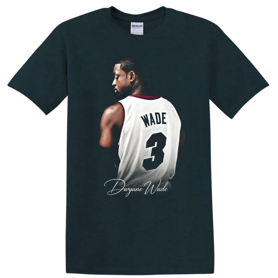 Dwyane Wade Miami Heat number 3 jersey portrait with distressed lettering and signature on a Midnight (Green) T Shirt