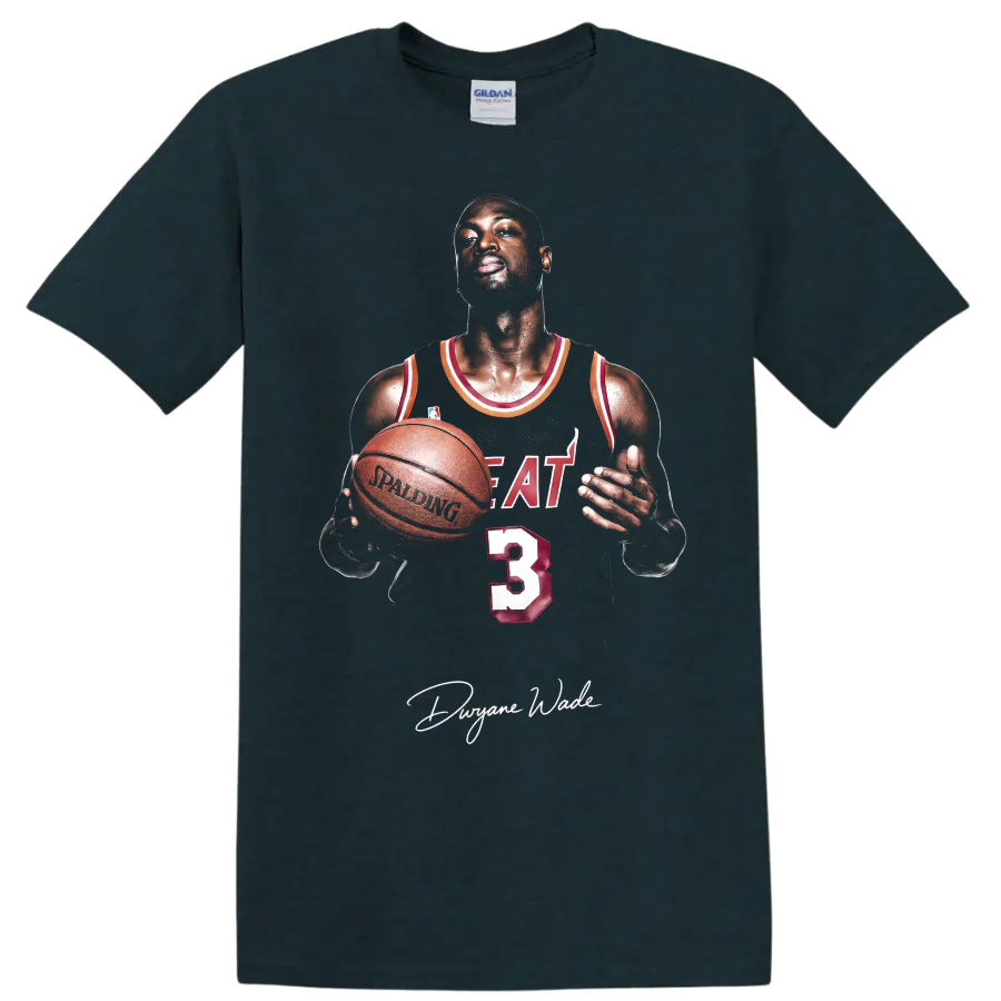 Dwyane Wade Miami Heat number 3 basketball portrait with signature-style graphic on a Midnight (Green) T Shirt