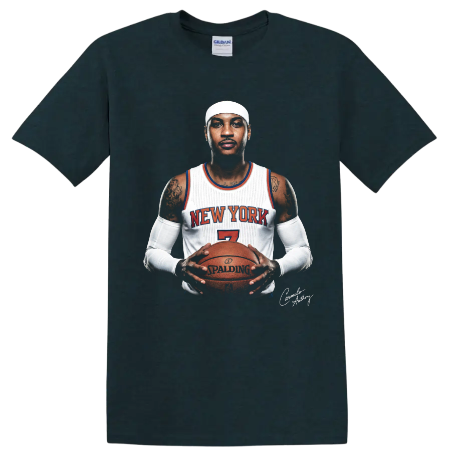 Carmelo Anthony New York number 7 basketball portrait holding a game ball on a Midnight (Green) T Shirt