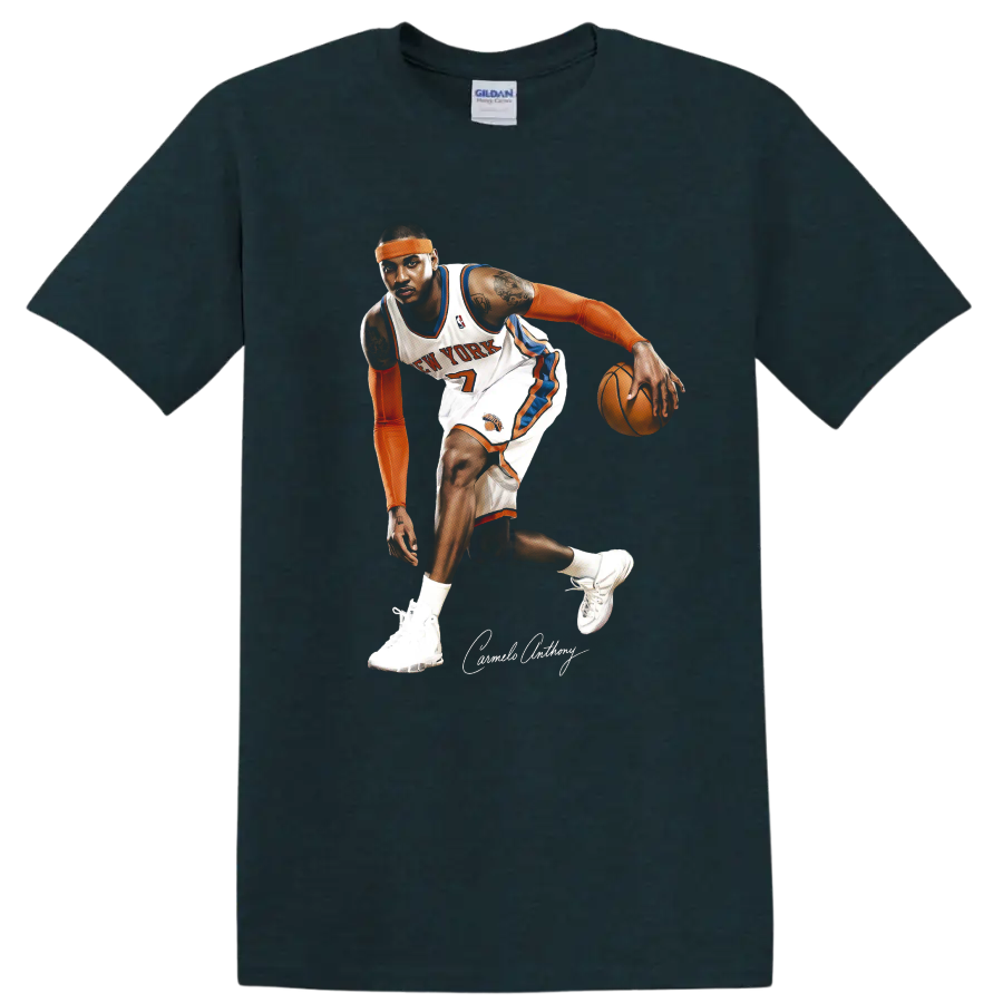 Carmelo Anthony New York Knicks dribbling basketball action illustration with signature on a Midnight (Green) T Shirt
