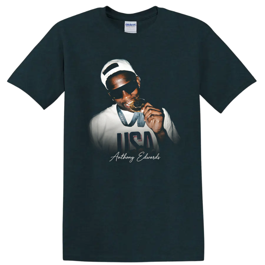 Anthony Edwards Team USA medal portrait with USA jersey graphic and signature on a Midnight (Green) T Shirt