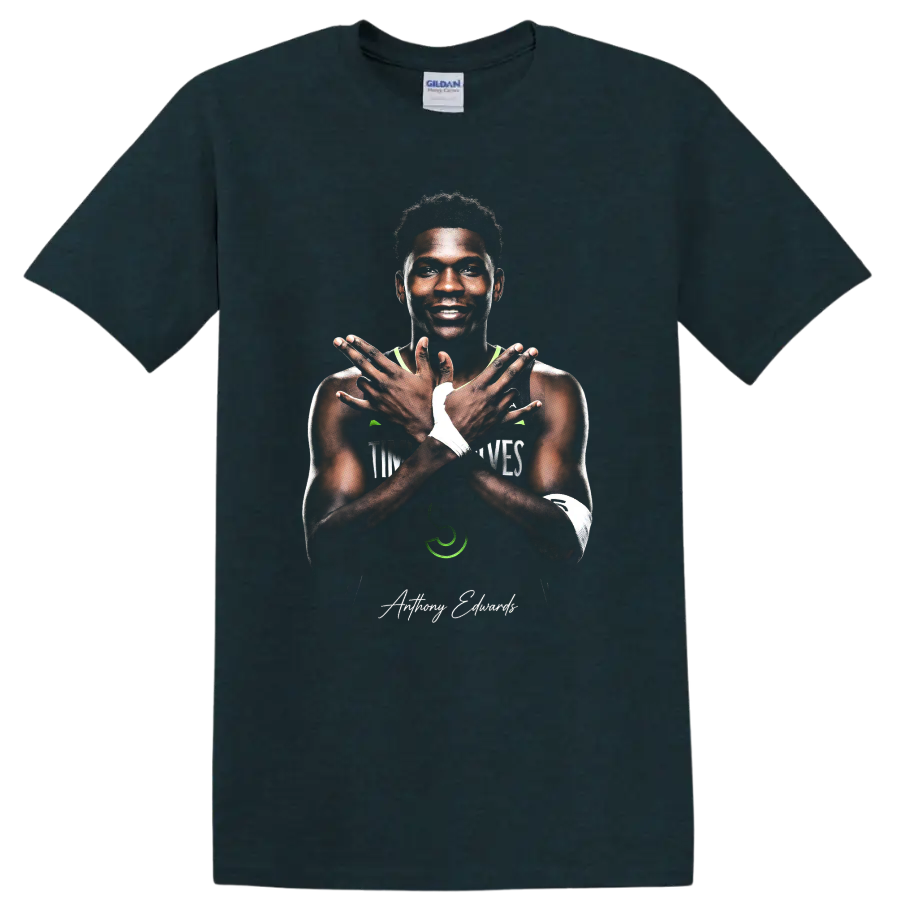 Anthony Edwards crossed-arms basketball portrait with Minnesota Timberwolves accents on a Midnight (Green) T Shirt