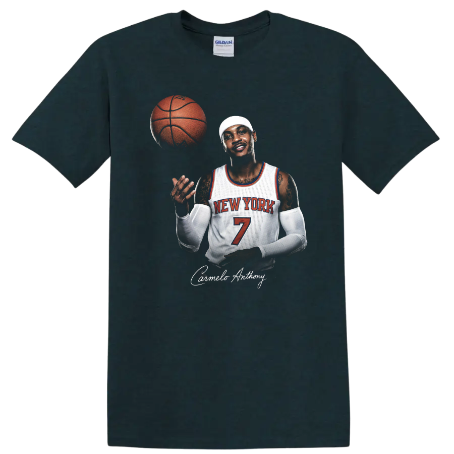 Carmelo Anthony New York Knicks number 7 basketball portrait with floating ball on a Midnight (Green) T Shirt