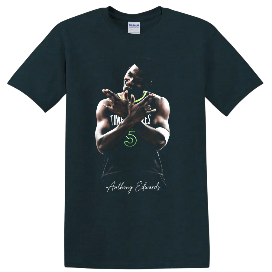 Anthony Edwards Minnesota Timberwolves crossed-arm basketball portrait with signature on a Midnight (Green) T Shirt