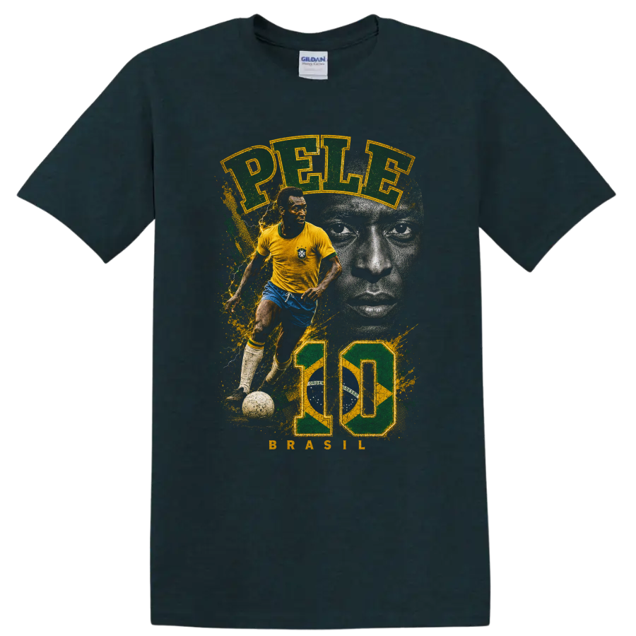 Pelé Brazil soccer graphic print with action pose and grayscale portrait on a Midnight (Green) T Shirt