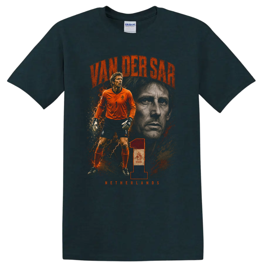 Edwin van der Sar Netherlands goalkeeper vintage soccer graphic on a Midnight (Green) T Shirt