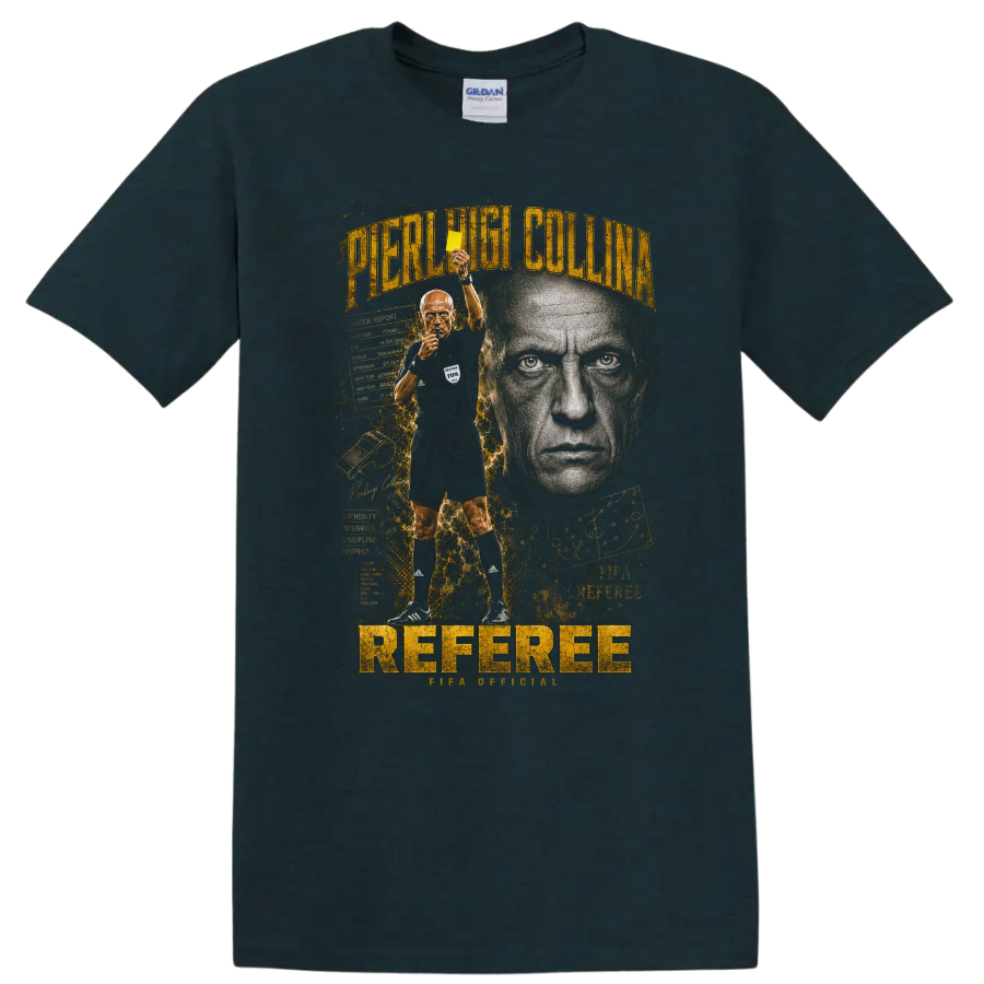 Pierluigi Collina referee portrait with yellow card and bold gold typography on a Midnight (Green) T Shirt